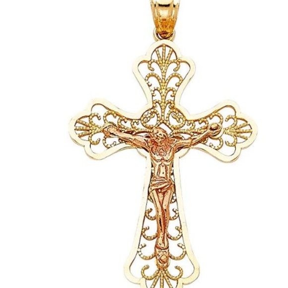 14k Two-tone Yellow Filigree Cross & Rose Gold Jesus Religious Crucifix Pendant